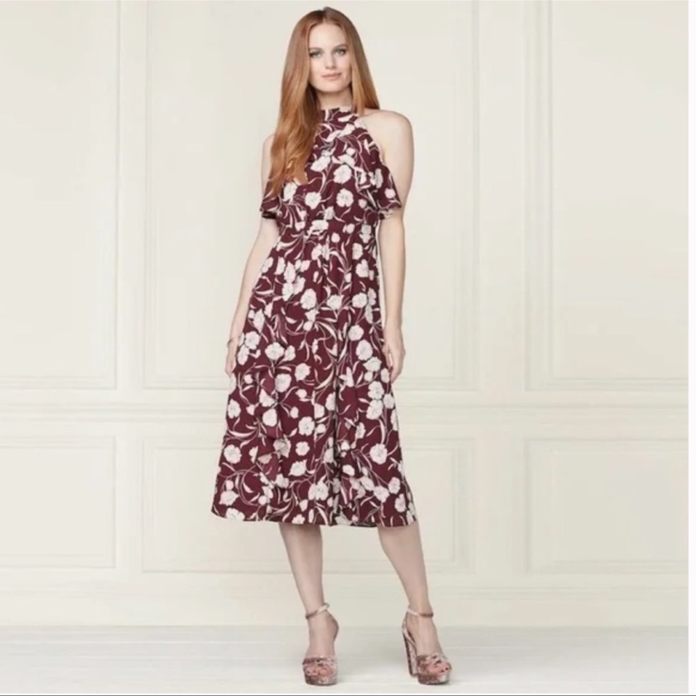 LC Lauren Conrad Runway Floral Print Halter Neck Dress Burgundy Ruffled Flowy 6